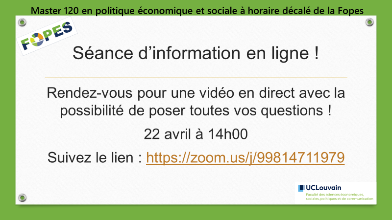 FOPESUCLouvain's tweet photo. Vous pensez à reprendre des études à la rentrée prochaine ?
Et pourquoi pas un Master en politique économique et sociale à horaire décalé ? #Fopes https://t.co/6rK8sqOiUR https://t.co/xloL28C5H4