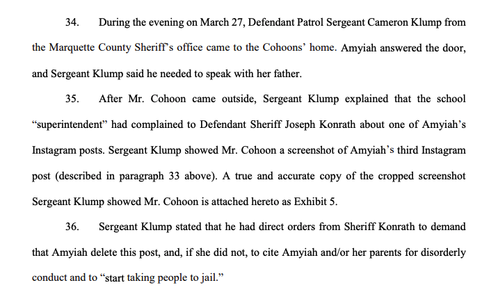 pebonilla's tweet photo. Lawsuit: Wisconsin teen had severe respiratory illness doctors told her had likely been #covid19. She posted about it on Instagram. School complained to sheriff. Sergeant came to home and ordered her to delete posts or he'd arrest her and/or her parents.
https://t.co/nubhuiZXt5 https://t.co/XnfP05Kemj