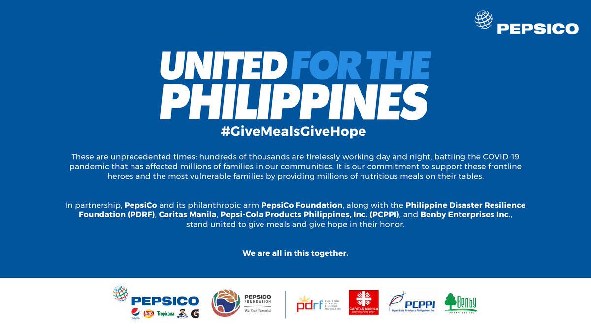 GwithIONs's tweet photo. We are all in this together. United for the Philippines by giving millions of nutritious meals to help alleviate hunger among our most vulnerable communities, to give hope and to honor our frontline heroes. @PepsiCo #GiveMealsGiveHope #COVID19 #ProjectUgnayan #TogetherAtHome https://t.co/eSIkm2v9Dw