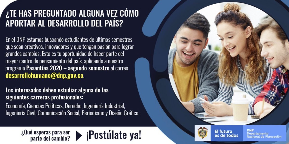DNP_Colombia's tweet photo. Envía tu hoja de vida al correo desarrollohumano@dnp.gov.co si eres estudiante de último semestre, vas a iniciar tus prácticas profesionales y deseas hacer parte del semillero de líderes más grande del país. Postúlate antes del 30 de abril. https://t.co/IP6emOCQyi
