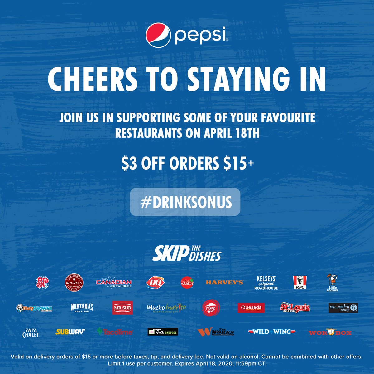 PepsiCanada's tweet image. Stay in with us on Saturday, April 18th and support some of your favourite restaurants through @SkipTheDishes with a special promotion, for a special night!
 
Limited time offer. Participating locations only.