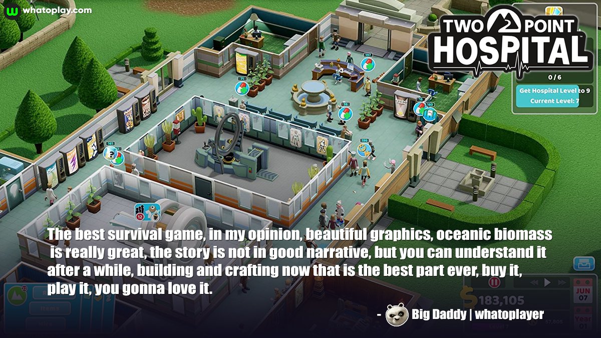 whatoplay's tweet image. Whatoplayer Big Daddy shares his short review of Two Point Hospital, citing it as a great survival game with fun crafting and building mechanics.
ㅤ
What do you think? Leave a review at bit.ly/2VALPnV
ㅤ
@TwoPointStudios @SEGA 
#simulation #medicalsim #indie #indiegame
