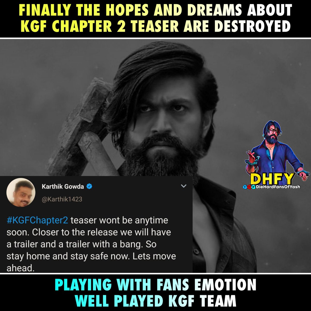 TheNameDHFY's tweet photo. Well Played Team @hombalefilms @Karthik1423 @prashanth_neel @VKiragandur 🙏
#KGFChapter2 #NoTeaser
#Yuva https://t.co/GNolaIvx1d