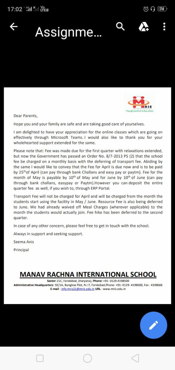 Shailesh_Nigam's tweet photo. @mlkhattar Dear CM Hayana Sir, @manavrachna School, Faridabad is sending emails &amp; phoning parents everyday to force them to deposit fee despite your orders against the same. Request your kind intervention to stop them from doing so and follow the government directive on the same. https://t.co/0wpYu80IOb