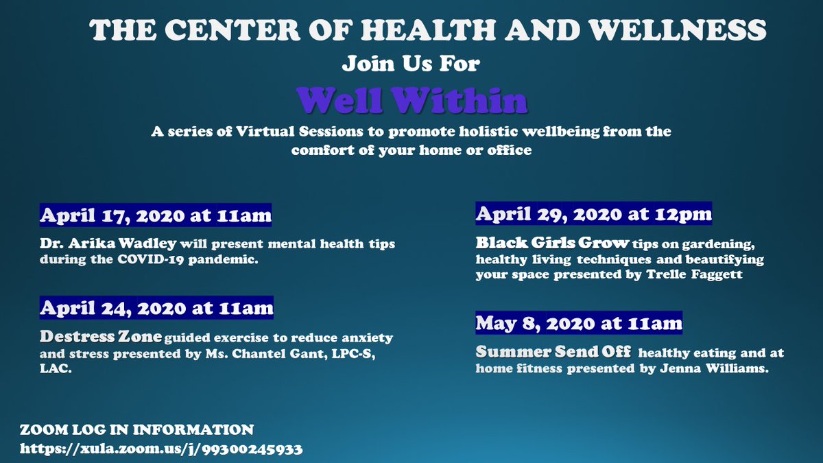 XULA1925's tweet photo. The first session is today at 11 a.m.! Join at https://t.co/jNZjhABgSl.
#XULA #XULAProud #WellWithin #Mentalhealth https://t.co/uzNqXnx79N