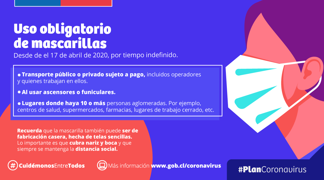 GobiernodeChile's tweet photo. A partir de hoy, 17 de abril, el uso de mascarilla es obligatorio tanto en transporte público y privado remunerado como en ascensores y lugares donde haya 10 o más personas. #CuidémonosEntreTodos https://t.co/RLzOEL1Im5 https://t.co/Yl9YhZ7dWH