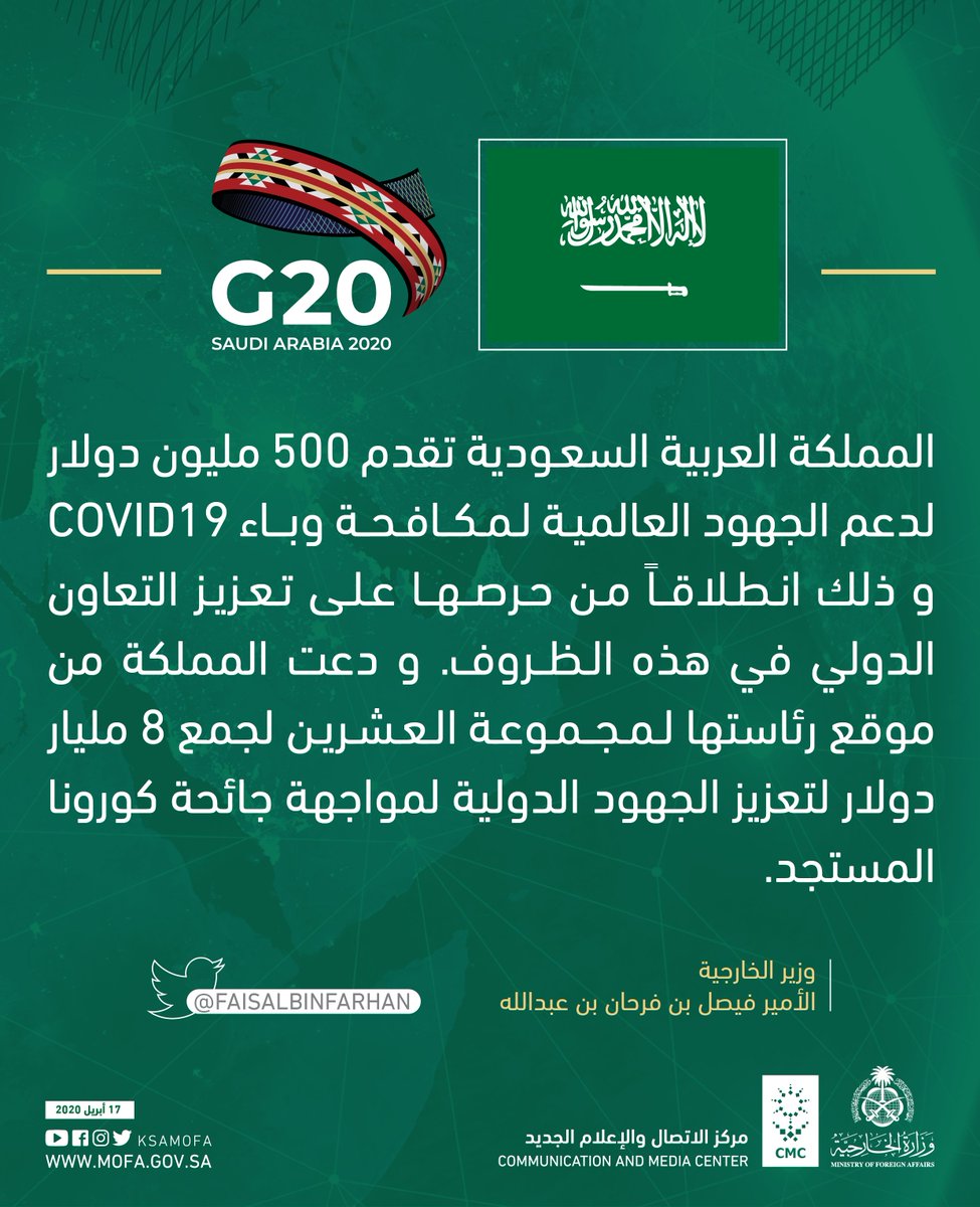 KSAMOFA's tweet photo. عبر تويتر
وزير الخارجية الأمير #فيصل_بن_فرحان @FaisalbinFarhan: 
المملكة العربية السعودية تقدم 500 مليون دولار لدعم الجهود العالمية لمكافحة وباء ⁦ #COVID19 https://t.co/VxRK7iZlLS