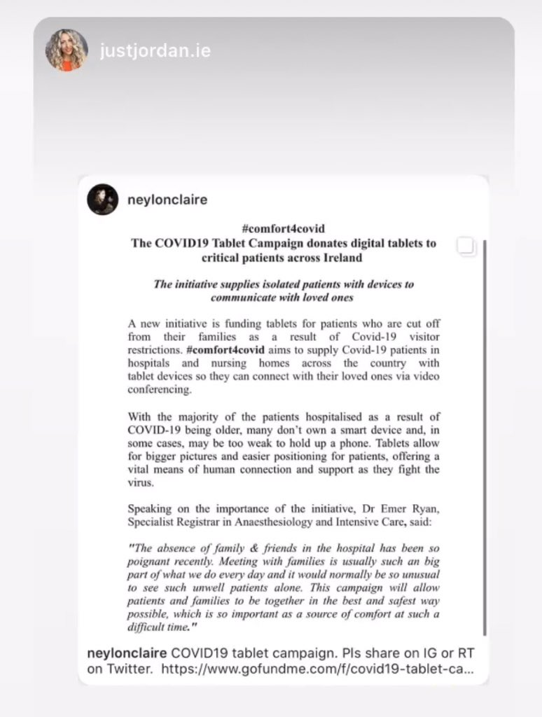 Thanks to <a href="/lisajordanblog/">Lisa Jordan</a> for advertising our ‘Covid19 Tablet Campaign. . Pls share and support this worthy cause. #comfortforcovid <a href="/OrlaK91/">Orla Kennedy</a> <a href="/sadiescordial/">Sarah</a> @doireannod <a href="/CUH_Cork/">Cork University Hospitals</a> <a href="/ciaracdublin/">Ciara Close</a> <a href="/emmafarrellreal/">Emma Farrell</a> <a href="/eoghanmcdermo/">Eoghan McDermott</a> <a href="/ciarakellydoc/">Dr Ciara Kelly</a>