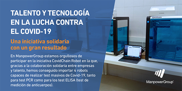 ManpowerGroupES's tweet photo. Una historia que contar: proyecto CovidChain Robot, ManpowerGroup junto a otras empresas traen a #España 4 #Robots capaces de realizar #testmasivos (+ de 10.000 al día) de #coronavirus conoce más de esta historia aquí https://t.co/BkYTapUlBV https://t.co/DEZ5xgTobX