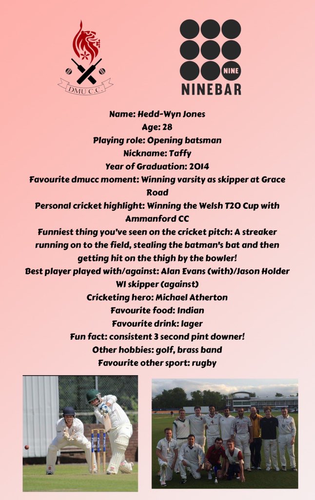 Legend Profile: Hedd-Wyn Jones (<a href="/Hedd91/">Hedd-Wyn Jones</a>).

Hedd-Wyn Jones Aka Taff led his team to varsity glory in 2014. He’s also the second quickest chewer of a pint in DMUCC history. A true all rounder 🍺🏏.