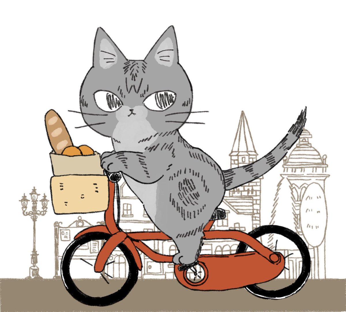 徒然ふくさん アメショ 自転車に乗るふくさんです 猫好き 猫 イラスト 猫のいる生活 猫のふくさん 猫のいる暮らし 猫好きさんと繋がりたい