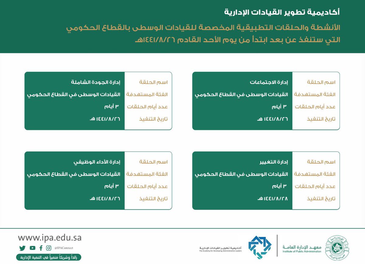 معهد الإدارة العامة On Twitter ضمن مبادرته تنمية إدارية مستمرة ينفذ معهد الادارة العامة حزمة من البرامج التدريبية عن بعد للموظفين الحكوميين بشكل اسبوعي حيث سيتم تنفيذ ١٥ برنامجا ابتدأ من الأحد القادم 1441 8 26هـ ويمكن للمتدرب
