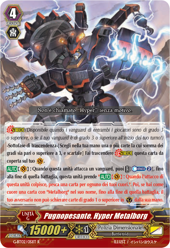 cfvanguardit's tweet photo. In attesa di scoprire la data di uscita di G-BT02, continuano gli spoiler. Oggi vi anticipiamo una Grado 4 di Polizia Dimensionale: si tratta di "Pugnopesante, Hyper Metalborg".

#spoiler #cartadelgiorno #cfvanguard #immagina #poliziadimensionale #gbt02 #grado4 #pugnopesante https://t.co/RUBhl3HEHY