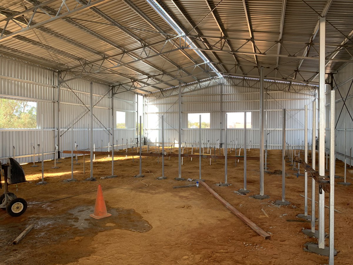 CarimorSheds's tweet photo. Progress on our latest shearing shed is coming along nicely with a lot achieved over the last week. Shed is now fully sheeted, internals marked out with holes dug and most stumps cemented in.
#construction #steelfabrication #sheds #shearingsheds #geraldton #midwest #shedbuilder https://t.co/uaDbWJT7iG