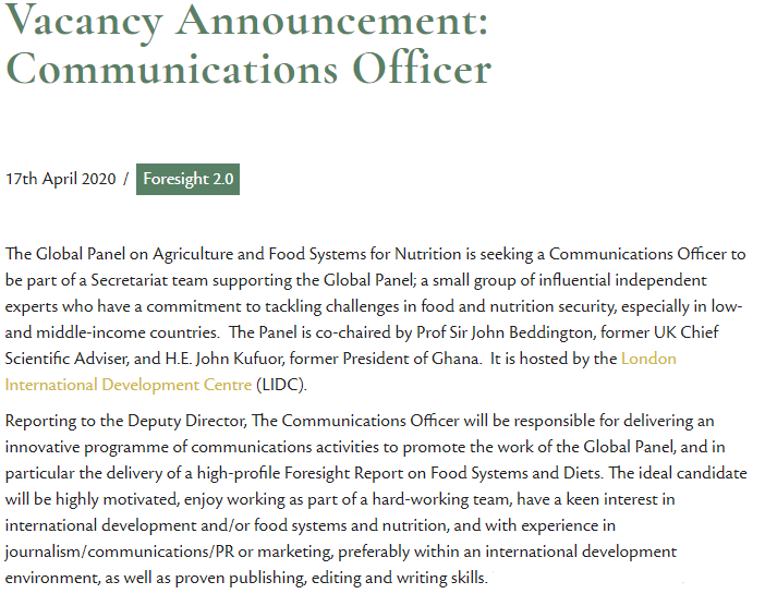 Glo_PAN's tweet photo. VACANCY - If you are a communications professional with an interest in food systems and international development, join the Global Panel now as a Communications Officer. Apply here: https://t.co/ZWOS4SNFNC https://t.co/60nea38Pu6