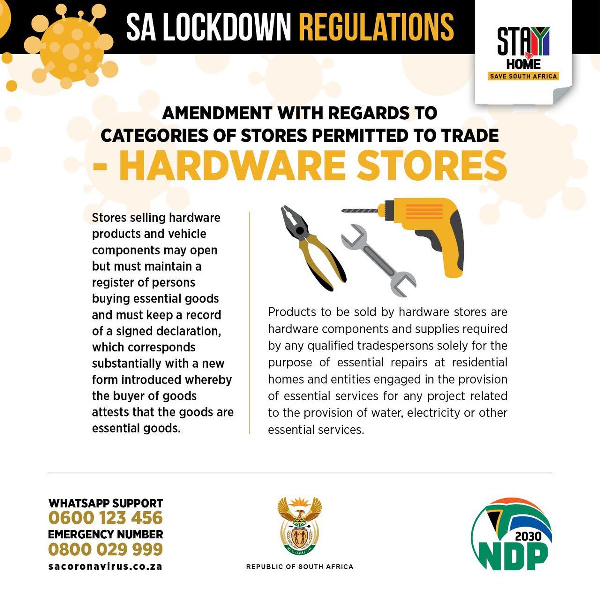 #Covid19inSA Did you know that stores selling hardware products and vehicle components may open? Read full details here #Day22LockDown