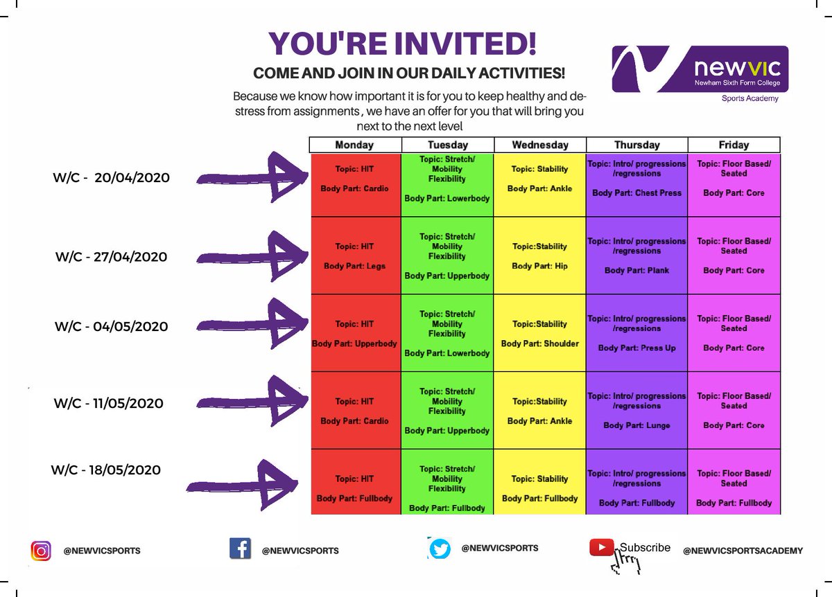 newhamsports's tweet photo. FROM MONDAY!
π Daily workouts on our YouTube page @newvicsportsacademy
π weekly LIVE squad training sessions on Zoom with Academy Coaches
π weekly LIVE Staff HIT session on Zoom with Gavin
#getinvolved #stayhomestayactive #squad #onecollegeoneteam
@talknewvic https://t.co/s7jcHTe3c6