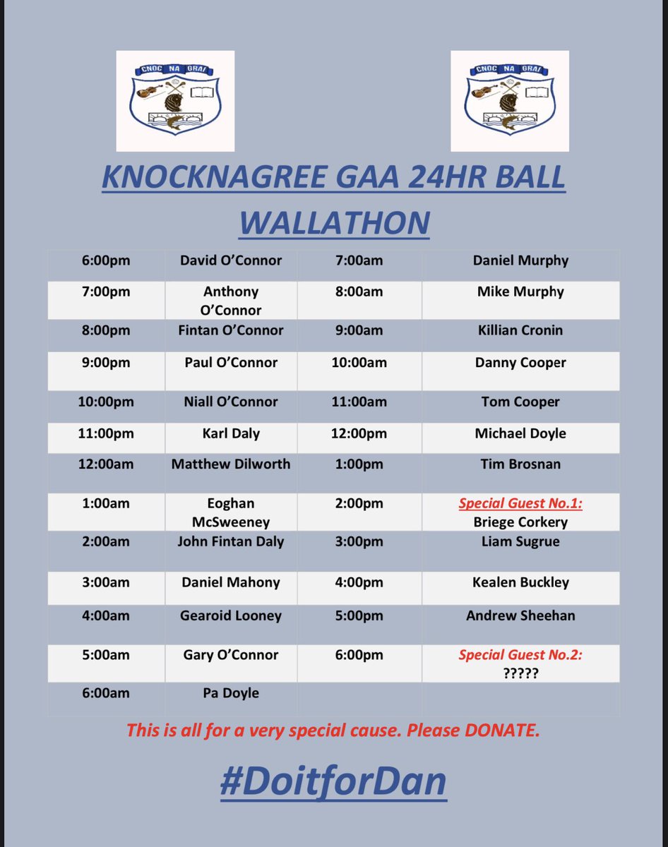 KnocknagreeGAA's tweet photo. Our #DoItForDan 24 hour #Wallathon rota! Delighted to welcome @CorkLGFA star @corkery5 to #TeamDan -check out our fundraising link on our Facebook👉 https://t.co/QNq1pgQpnw @KnocknagreeSec @BKPlunkettsGAA @DuhallowGAA @ballydesmondgaa @KiskeamGAA @Gneeveguillagaa @rathmoregaa https://t.co/DB00wiDNrR