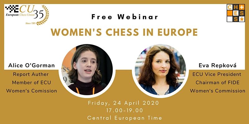 European Chess Union organises "Women’s Chess in Europe" Webinar.
The Webinar will take place on Friday, 24th April 2020, and will include discussion about the results of Survey on Women's #Chess in Europe, conducted by the ECU Women’s Commission.
europechess.org/ecu-webinar-wo…