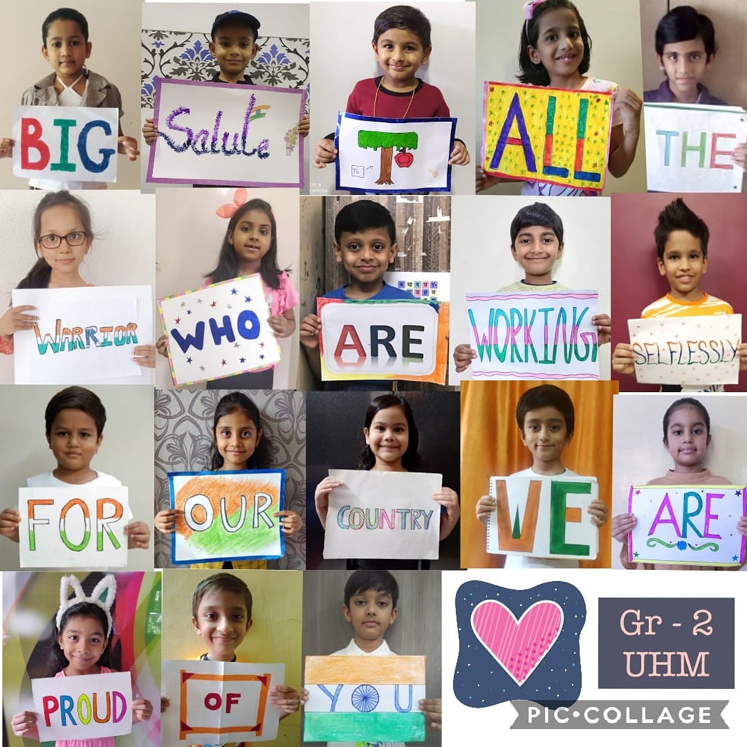 CEEahmedabad's tweet photo. #UniversalHighSchool Malad, Grade 2 #ecoschoolswarriors from their homes Salute the #CovidWarriors - Doctors, Nurses, Police, Security & other Essential Service Personnels, who are leaving no stone unturned to keep us Safe during #Covid19 #lockdown. #Stayathome. #StaySafe. https://t.co/oZsKBb9Pqv