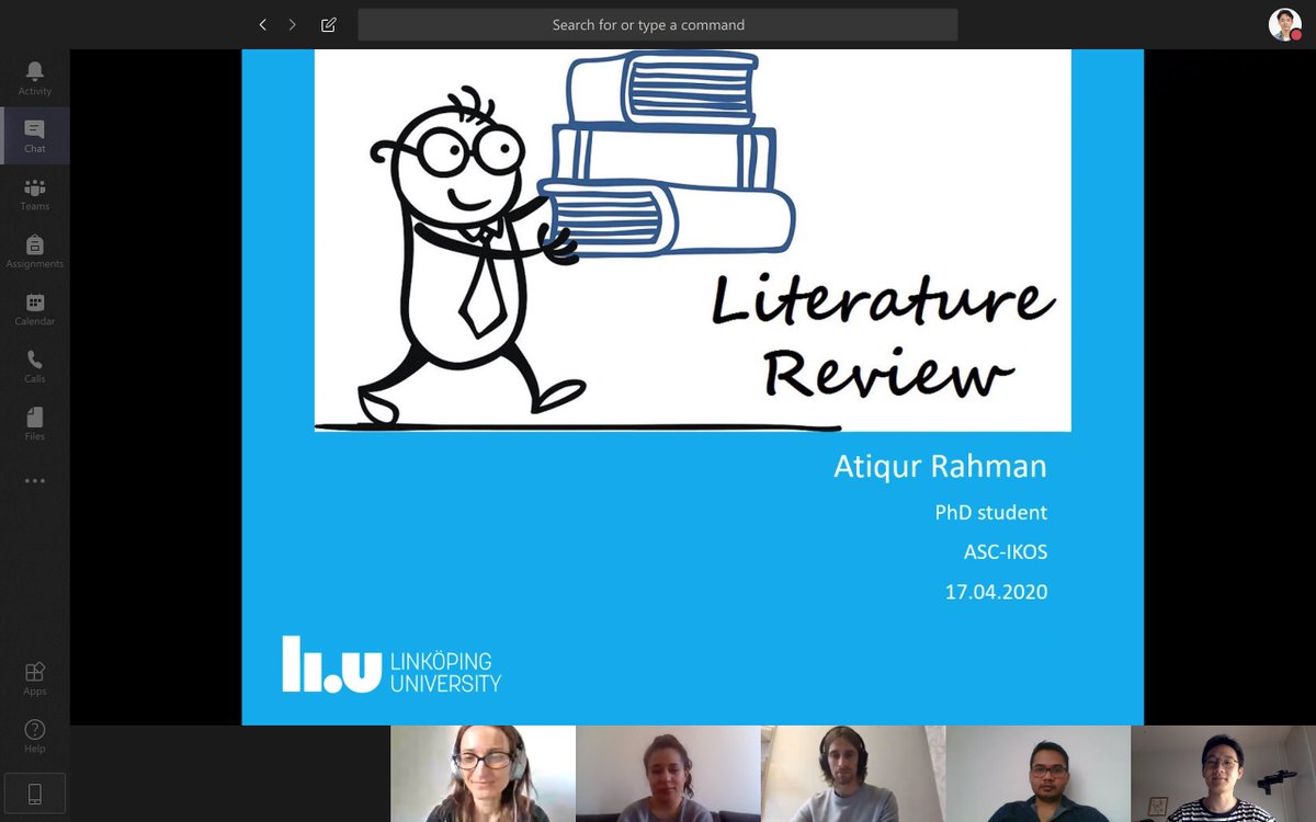 Our PhD students keep meeting for their seminars! Focus on how to conduct a #literaturereview by Atiqur Rahman <a href="/atiqur_03/">Atiqur Rahman</a>. #gerotwitter #AcademicTwitter #WFH <a href="/_EliasLarsson/">Elias Ingebrand</a> <a href="/GulinOylu/">Gulin Oylu</a> <a href="/xu_wenqian/">Wenqian Xu</a> <a href="/Arianna__Poli/">@Arianna__Poli</a> <a href="/liu_universitet/">Linköpings universitet</a>
