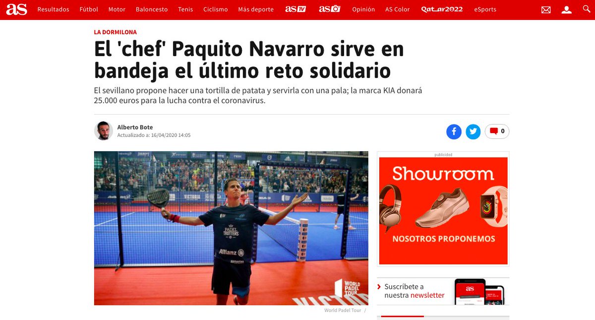 botealberto's tweet photo. En #LaDormilona de @diarioas, el reto solidario de  @paquito_navarro y @kiamotorsiberia.

Haz una tortilla, preséntala en tu pala y etiquétalo con #1eurodesdecasa. 

Se donarán 25.000 euros en la lucha contra el coronavirus.

Apoyo masivo de jugadores WPT

https://t.co/3MV7WBZ6aY https://t.co/ihBuHbAQWb