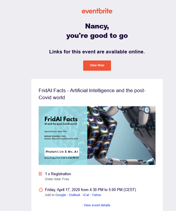 A note for the many people registered for the FridAI Facts today. Link to connect to the online event is in your Eventbrite registration email. Click on "View Now" today at 4:30 PM CET

#skills #SkillsAtHome #artificialintelligence
Sponsored by nemesventures.com