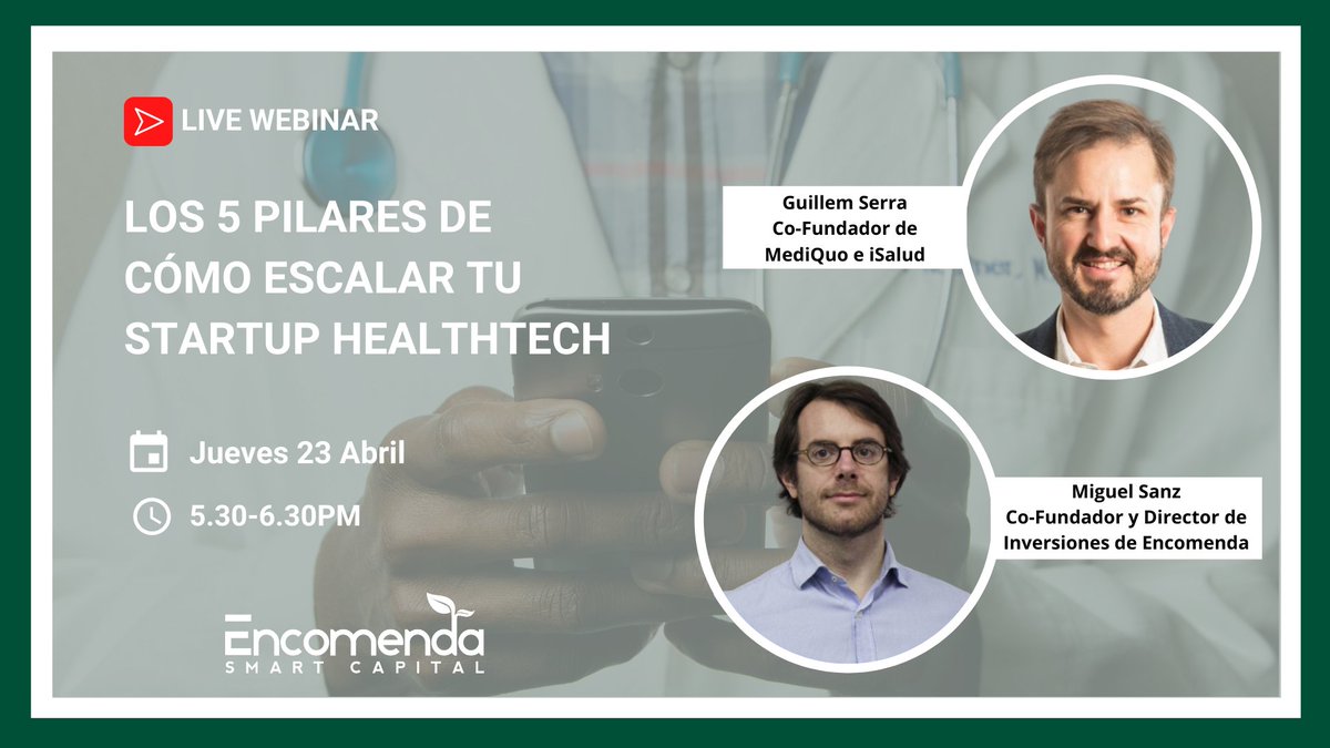 🗓️Jueves 23 a las 5.30 PM. "Los 5 pilares de cómo escalar tu startup HealthTech". Donde participará <a href="/norbak/">kkjjk</a>, CEO y Co-Fundador de <a href="/MediQuoApp/">MediQuo</a> y <a href="/2miguelsanz/">Miguel Sanz</a>, Co-Fundador y Director de Inversiones de Encomenda Smart Capital.

Regístrate gratis 👉 encomenda.com/5-pilares-esca…