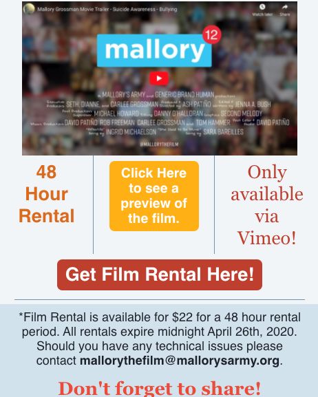 TODAY IS THE DAY!!!! You can watch Mallory {the film} on Vimeo starting TODAY April 17th at 7pm bit.ly/34zJRrY #mallorythefilm #itsabraceletkindoflife #mallorysarmy