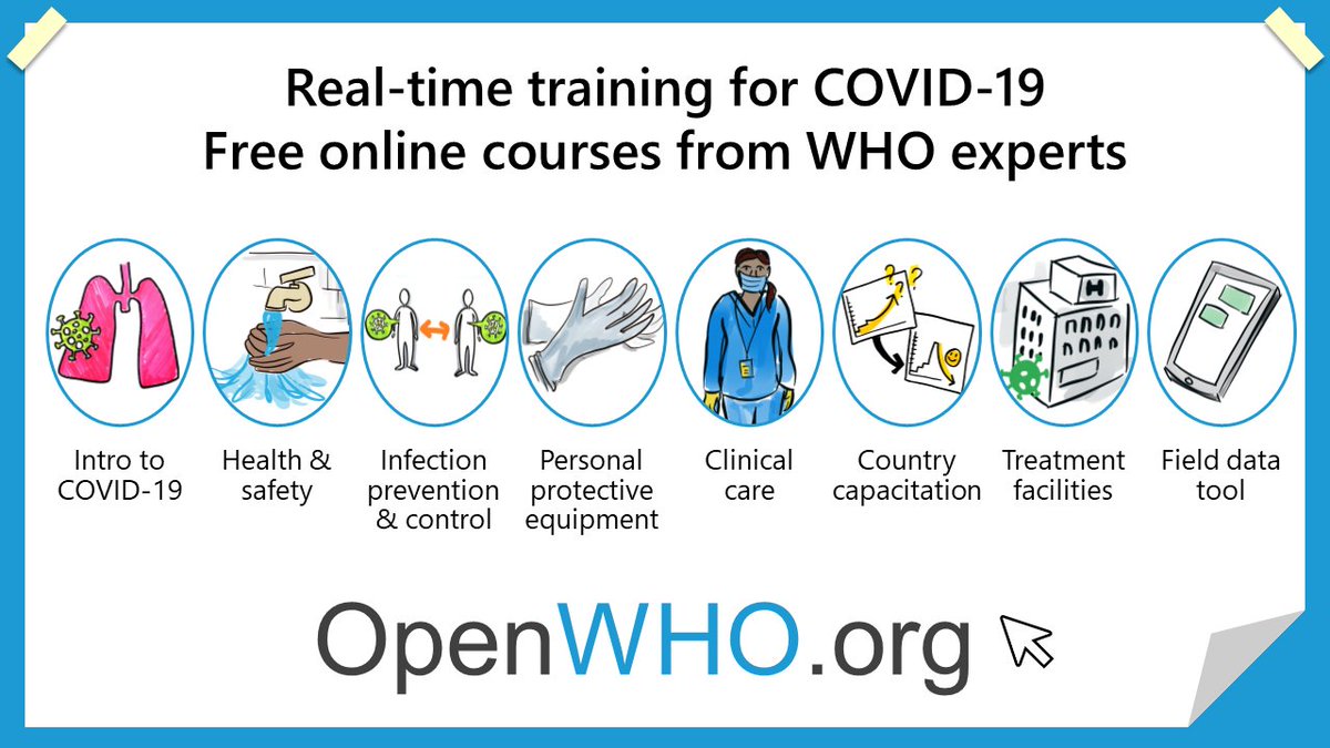 Learn about  #coronavirus & emergency response with our  #OpenWHO courses:-Intro to  #COVID19-Health & safety-Infection prevention & control-Personal protective equipment-Clinical care-Country capacitation-Treatment facilities-Field data tool  https://bit.ly/3efpRPN 