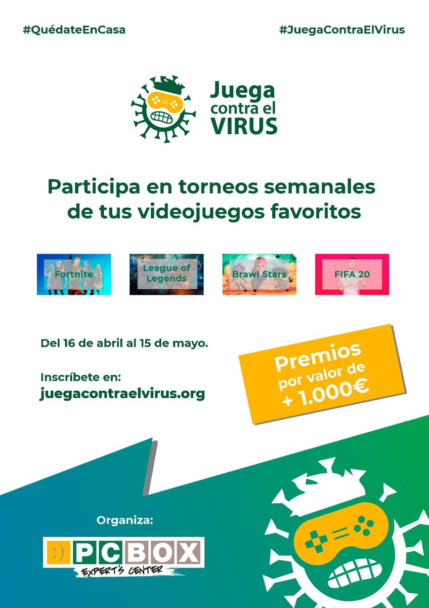 PcBoxPelayoMLG's tweet image. En PCBOX nos hemos propuesto ser solidario contigo en este confinamiento y te vamos a entretener durante 3 semanas a partir del día 20 de abril hasta el 4 de mayo.
Apúntate y juega en los torneos de los 4 Juegos: FORTNITE, LEAGUE LEGENDS, BRAW STARS y FIFA