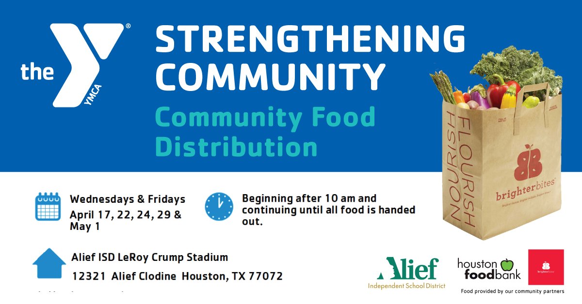 AliefISD's tweet photo. The Alief YMCA will hand out free food items at Alief Crump Stadium every Wednesday and Friday!  Its first come, first serve beginning at 10 am. #free #AliefY #HoustonFoodBank #BrighterBites https://t.co/leHdQ7n5N6
