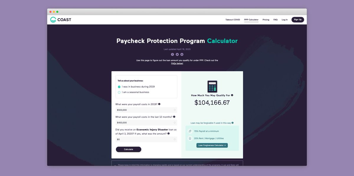 petewht's tweet image. To help businesses across the US access COVID-19 loans, I helped build this calculator using @Alpine_JS and @tailwindcss. Instantly calculate how much you can get and how much will be forgiven later:
coastapp.com/ppp/