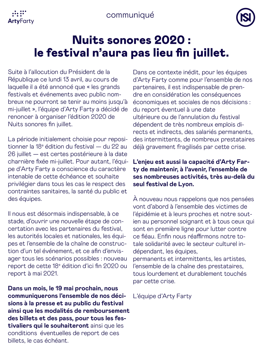 Nuits_sonores's tweet photo. COMMUNIQUÉ — Nuits sonores 2020 : le festival n’aura pas lieu fin juillet.

PRESS RELEASE — Nuits sonores 2020: the festival will not take place in late-July. https://t.co/V5xwTYviLr