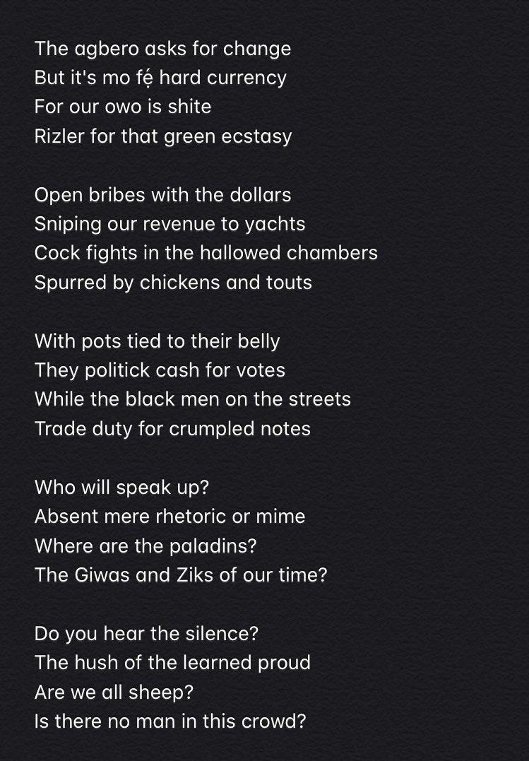While we are sharing our opinions, let me drop some poems I wrote about this beautiful country called Nigeria. The ancient mother of my unborn son. It’s in two parts. I call this one. ‘Black Giant’.