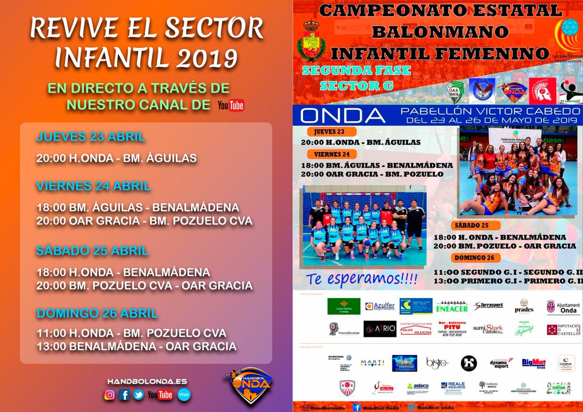 handbolonda's tweet photo. ‼️REVIVE EL SECTOR‼️
La próxima semana, a través del canal de YouTube Handbol Onda, se emitirá en directo todo el Sector Estatal Infantil celebrado hace casi un año en nuestra localidad. 🤾♀️🏆💪
#CDEInfantilBM #EndavantEsports #AjuntamentOnda #FBMCV #RFEBM #VillarrealCF #ViuOnda https://t.co/aHJWkNOamv