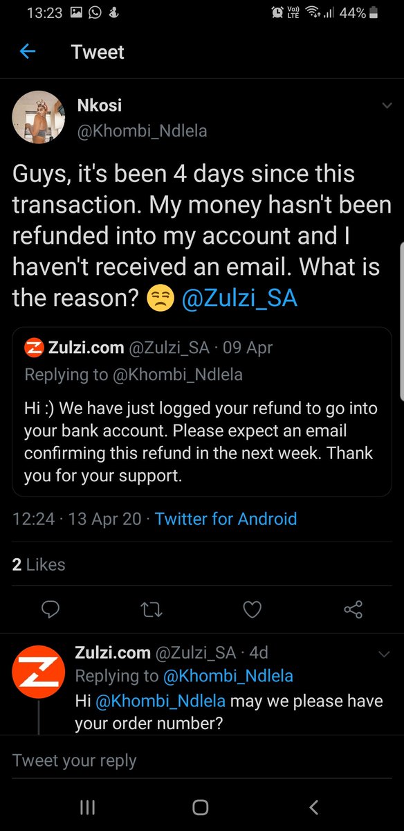 Miss_DKN's tweet image. I thought I was the only one experiencing a refund issue. @PicknPay @WOOLWORTHS_SA @Clicks_SA Please note @Zulzi_SA is not operating ethically. They ignored my tweets, no response to my emails and there are other customers complaining. #ZulziShutdown