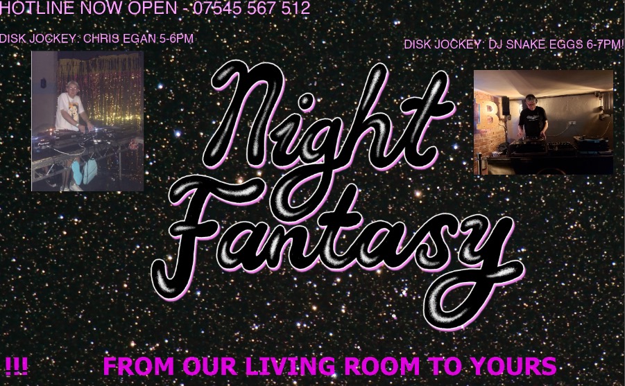 NIGHT FANTASY! 2NITE 5-7pm! 
twitch.tv/night_fantasy

With guest DJs Chris Egan and DJ Snake Eggs brining it 2 U! 

BYOB! / HOTLINE! / CHAT ROOM / PHOTOS UP ON THE BIG SCREEN! / CELEBRITY GUEST! / GOOD TUNES! / POSITIVE VIBES ONLY!

"gets you in the mood to go absolutely nowhere"