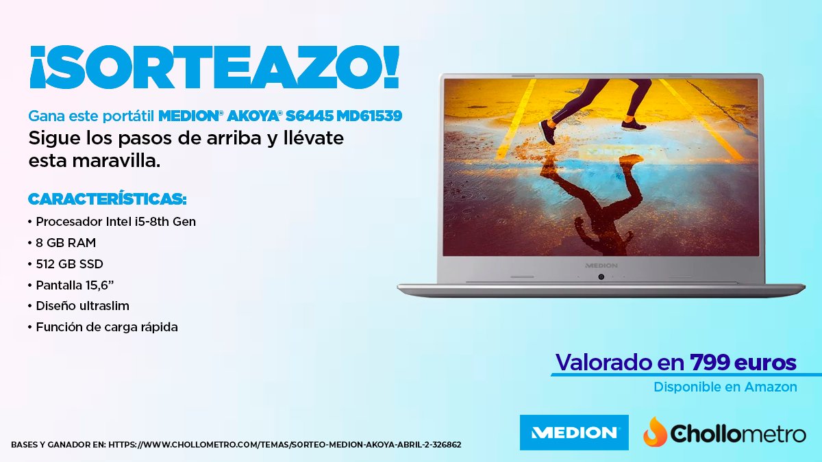 Chollometro (@chollometro) on Twitter photo 💪💪NUEVO SUPER SORTEO💪💪
- Haz RT🔄 a este tweet
- 🏃 Sigue a @MEDIONIberia y <a href="/chollometro/">Chollometro</a>
- Comenta con #ChollometroYMedionOnFire tantas veces como ganas tengas de ganar. Cuantas más veces más posibilidades!
LLÉVATE ESTE PEDAZO PORTÁTIL DE MEDION! 💪💪NUEVO SUPER SORTEO💪💪
- Haz RT🔄 a este tweet
- 🏃 Sigue a @MEDIONIberia y <a href="/chollometro/">Chollometro</a>
- Comenta con #ChollometroYMedionOnFire tantas veces como ganas tengas de ganar. Cuantas más veces más posibilidades!
LLÉVATE ESTE PEDAZO PORTÁTIL DE MEDION!