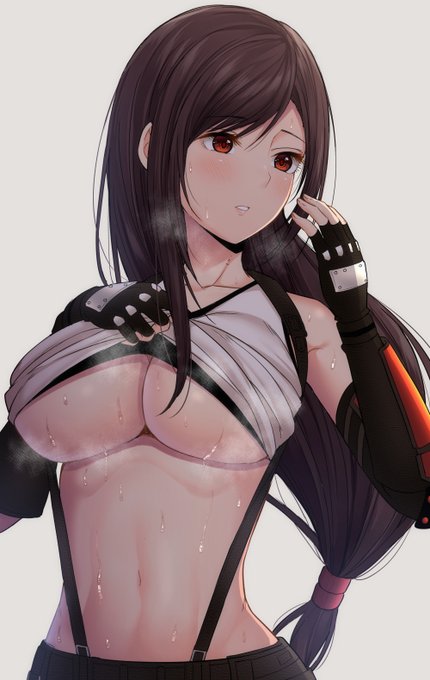 戦闘後に汗をかいておっぱいが蒸れるのでこっそり涼しんでるティファさん。 