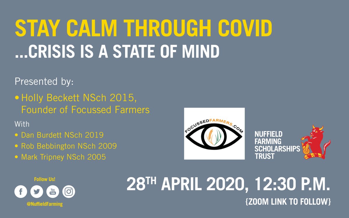 NuffieldFarming's tweet photo. ‼️📆 @focussedfarmers will host a live & interactive Zoom session with Scholars and Focussed Farmers @robbebbington @farmerdanb & Mark Tripney. Hear how they deal with the pressure of global lockdown by managing their best asset–their state of mind. #mindyourhead #InThisTogether https://t.co/HUUDw7RbWE