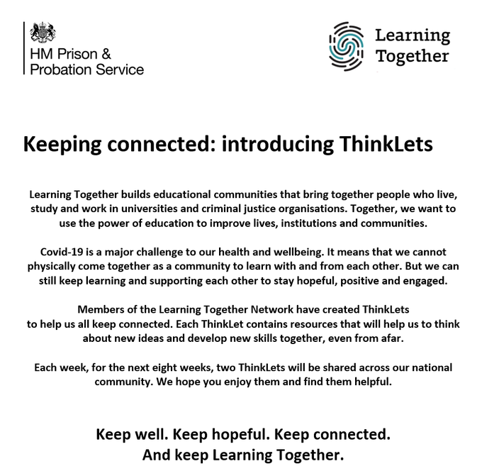 HMPWarrenHill's tweet photo. Many thanks to @JustisTogether & @hmpps for sharing #ThinkLets created by members of 10 UK universities, to keep us thinking together, these have been well received from our community @HMPWarrenHill #community #incellactivity #learningtogether https://t.co/vc64XfNZky