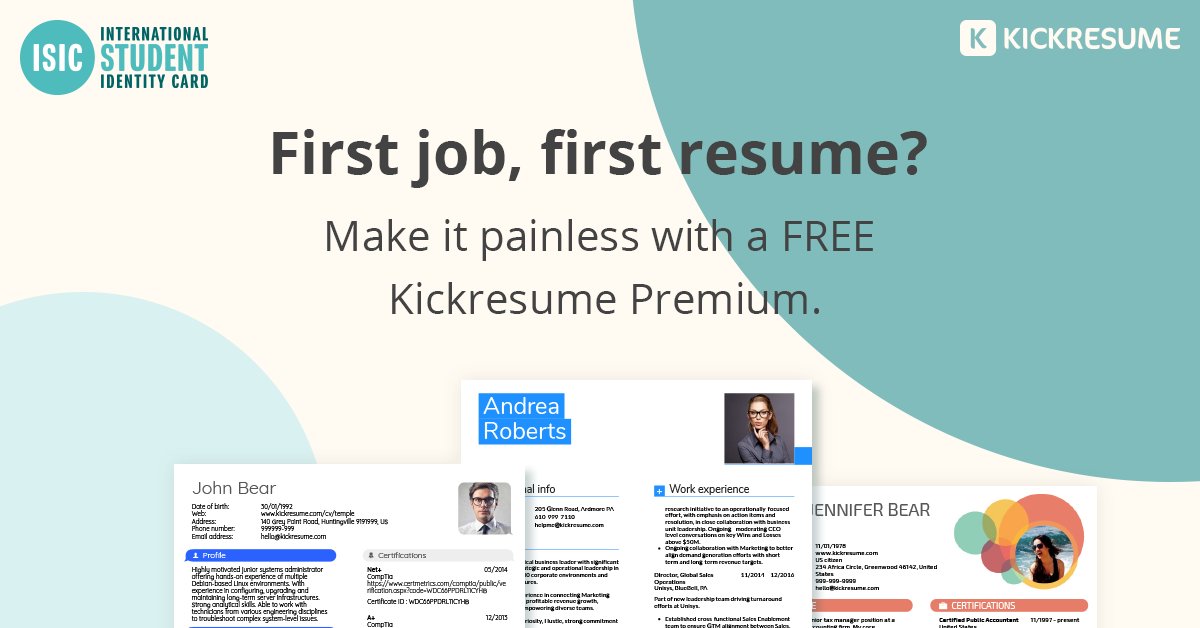 ISIC_India's tweet image. 👀Get hired fast with a resume that catches the eye
✔️ISIC in collaboration with Kickresume brings you valuable Tips to Make Your Resume Stand out.
👉Visit - bit.ly/isic-discount-…
#stayhomestaysafe #makingstudentlifebetter #isicindia