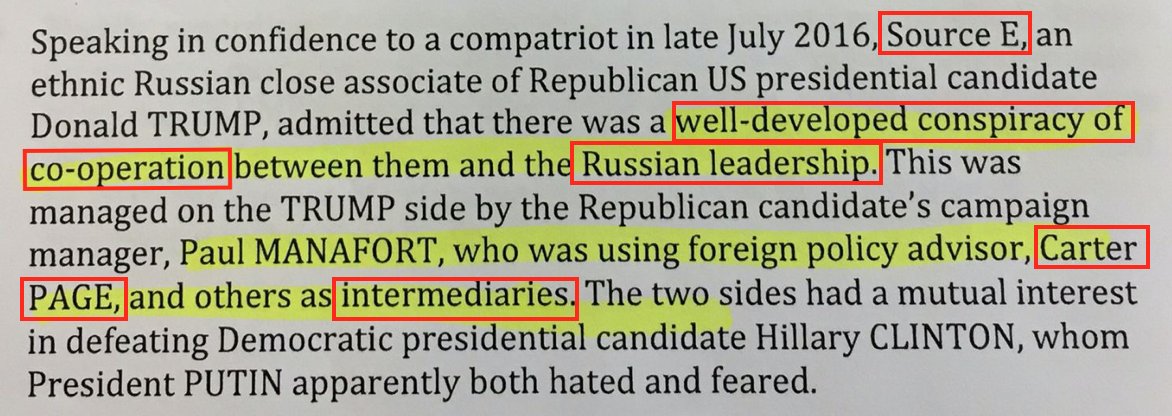 A "well-developed conspiracy of co-operation" with Page and "Russian leadership" is **literally cut and pasted from the Steele dossier**And specifically, the source is "Source E", referred to as "Person 1" by the IG report (referring to Sergei Millian).