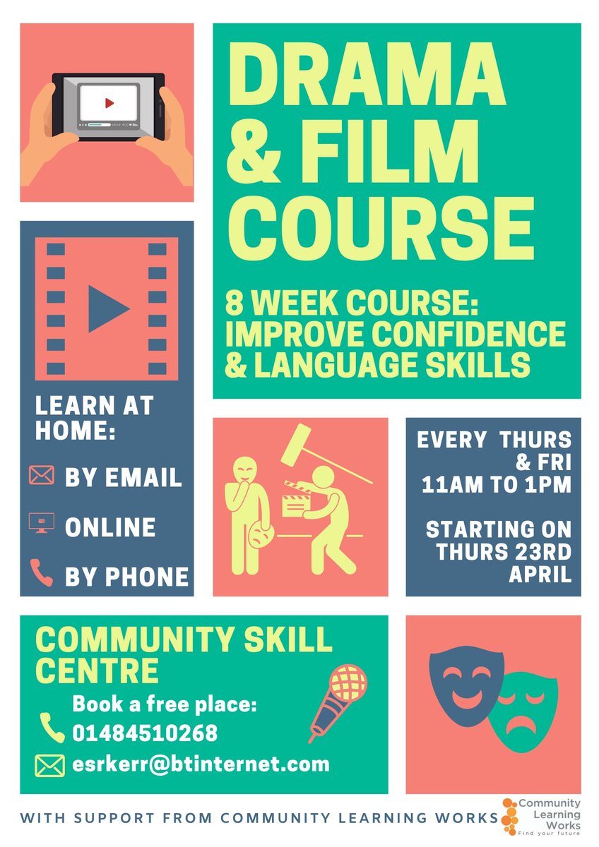 TSL4Communities's tweet image. Delighted to support new phone &amp;amp; online #courses from Community Skill Centre helping people practice #English #languageskills &amp;amp; stay busy in #isolation👍Starting next week for 8 weeks. Choose from:
Drama &amp;amp; Film
#StayingWell
English for All

#KirkleesWelcomes #ESOL #learning