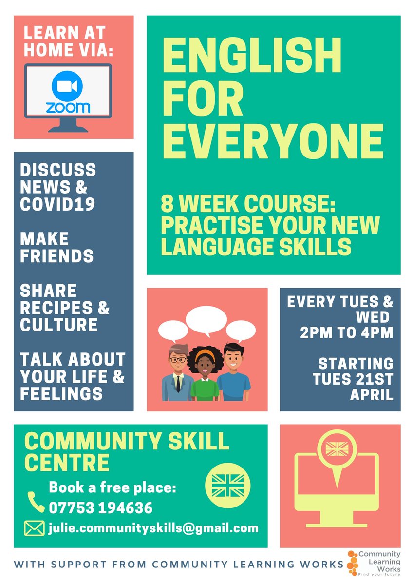 TSL4Communities's tweet image. Delighted to support new phone &amp;amp; online #courses from Community Skill Centre helping people practice #English #languageskills &amp;amp; stay busy in #isolation👍Starting next week for 8 weeks. Choose from:
Drama &amp;amp; Film
#StayingWell
English for All

#KirkleesWelcomes #ESOL #learning