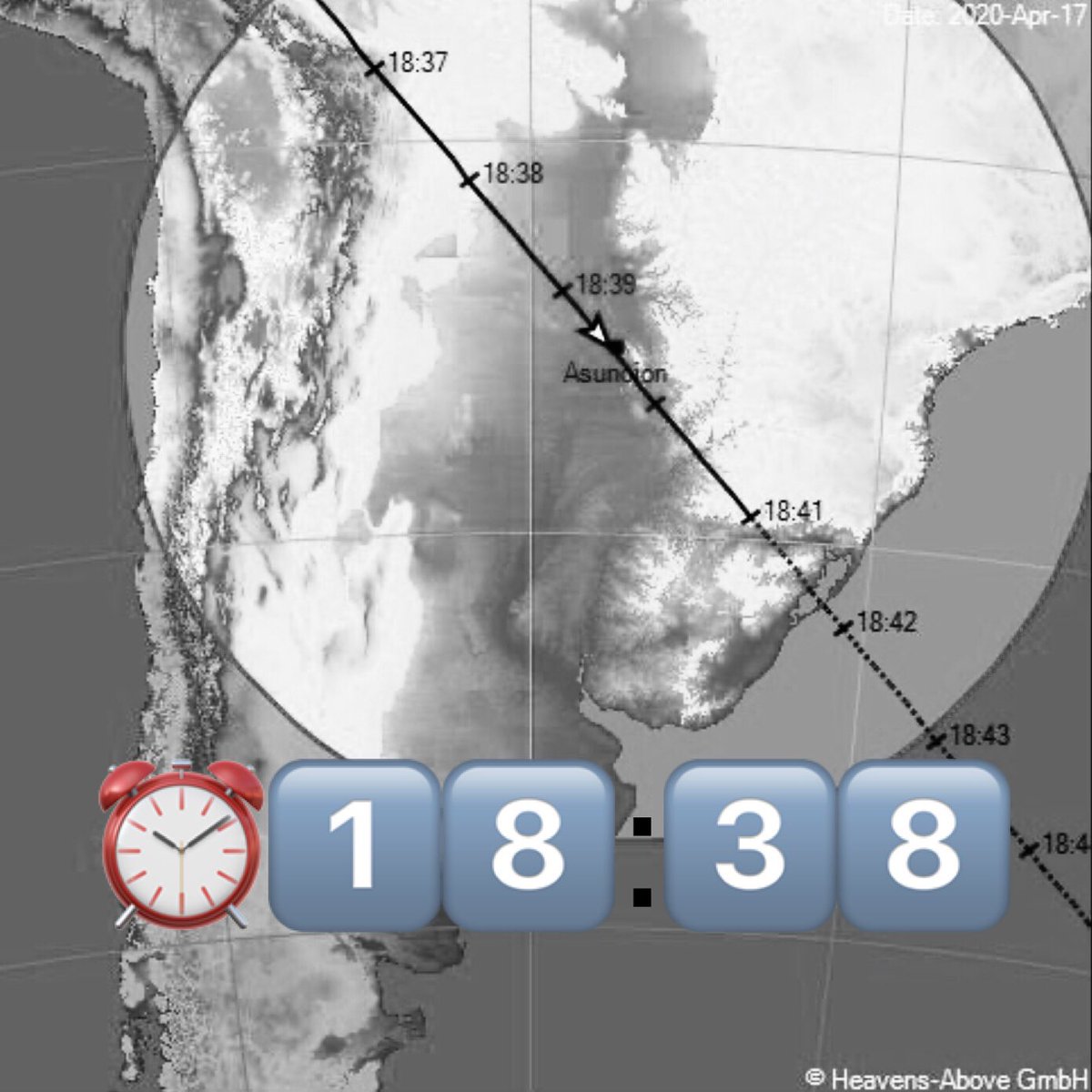 🇵🇾 ¡Paraguay!
La Estación Espacial Internacional se podrá ver hoy a simple vista (si las nubes lo permiten) en todas partes a las 18:38
 
  Consejo:   ⏰
  pon la alarma
 
👩‍🚀 63 spacefacts.de/english/e_toda…
🌎 Yo vigoalminuto.com/2019/07/04/ign…
📸 NASA eol.jsc.nasa.gov/SearchPhotos/p…