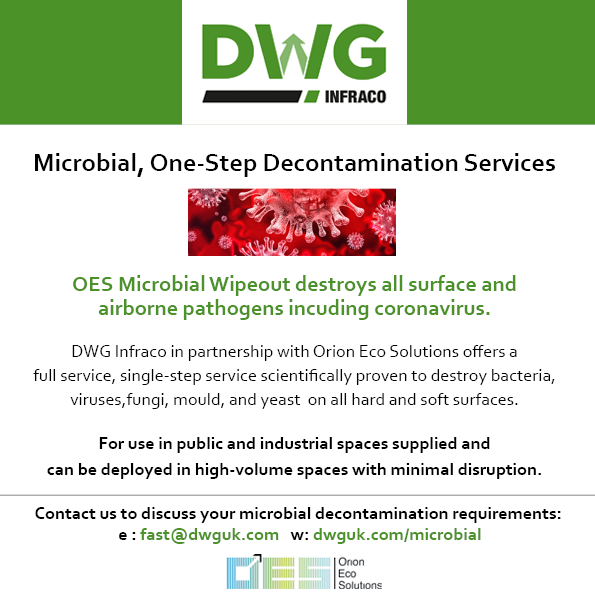 DWGUK's tweet photo. We are pleased to announce that we have teamed up with Orion Eco Solutions to deliver a highly effective microbial decontamination solution. In response to the coronavirus crisis. For use in warehouses, factories, offices and public transport environments to name a few. https://t.co/s5mf5zrrkf