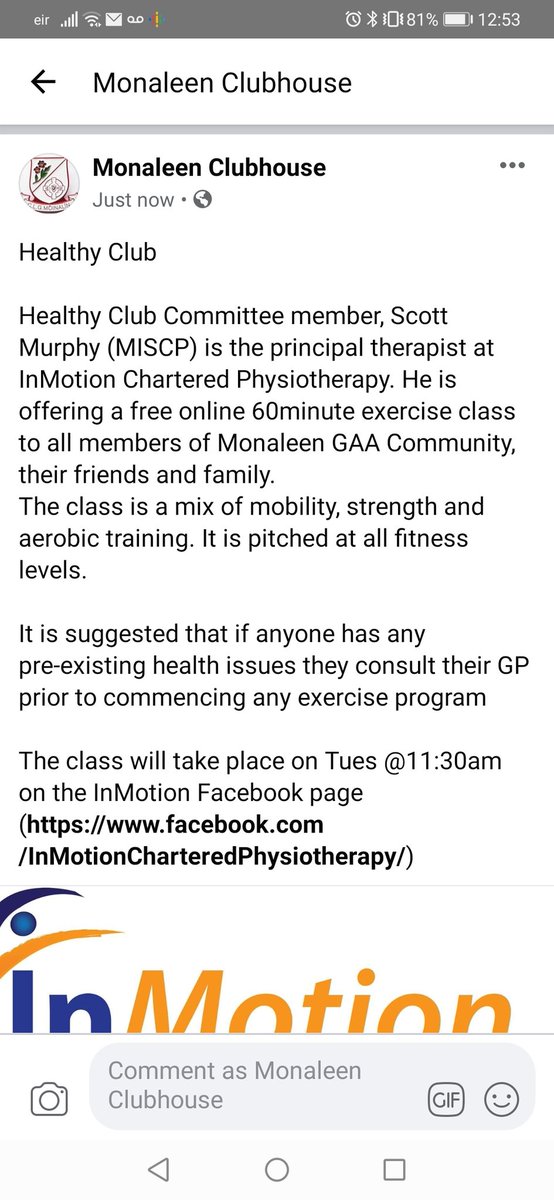 Healthy Club
Please find info below from Scott in <a href="/InMotionPT1/">InMotion Physio</a>

The class will take place on Tues <a href="/11/">Eleven</a>:30am on the InMotion Facebook page (facebook.com/InMotionCharte…)